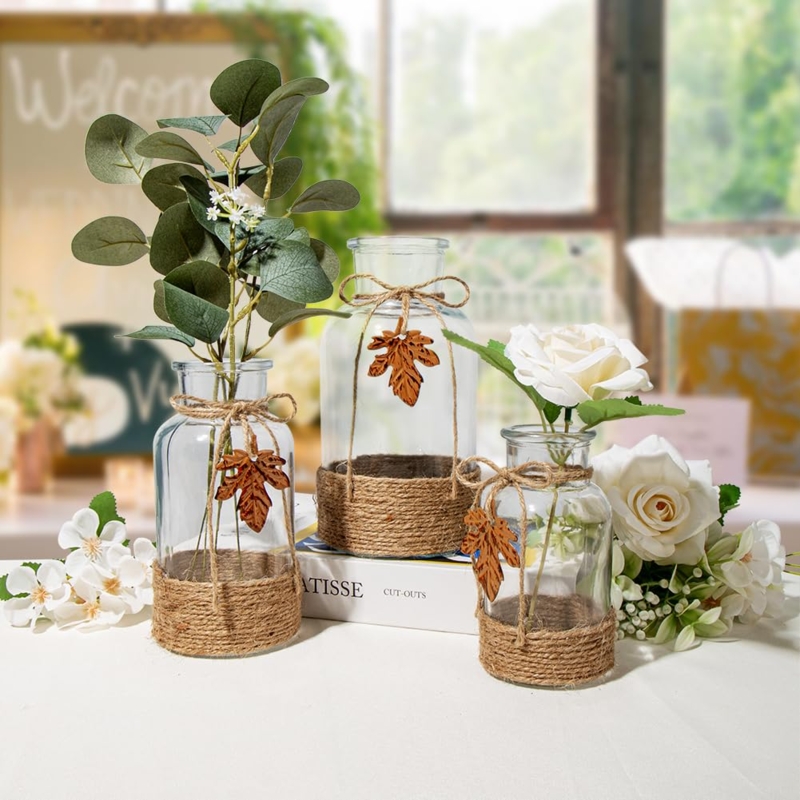 Rustic Glass Vase Set featuring jute wrapped bases and wooden leaf charms.