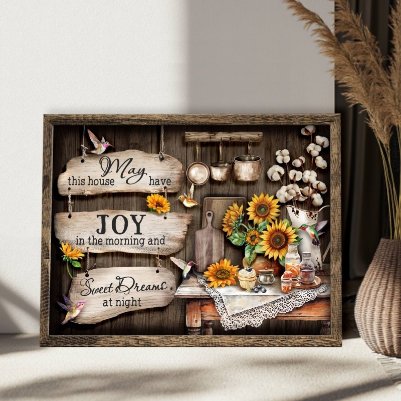 Rustic Wall Art Farmhouse Sunflower Hummingbird Faux Plank Canvas Print
