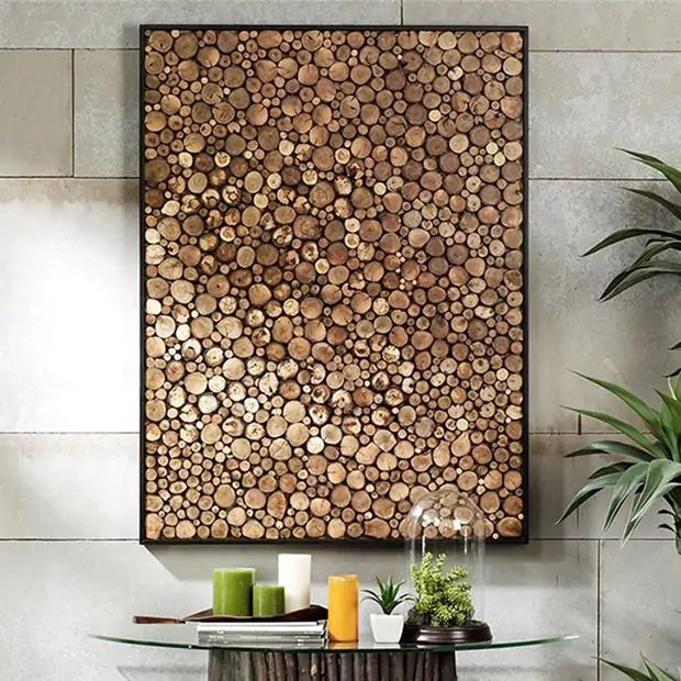 Rustic Wood Slice Wall Art Organic Mosaic Dark Frame Decor