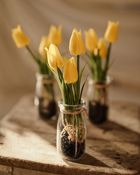Rustic Yellow Tulip Arrangement Milk Bottle Vases Twine