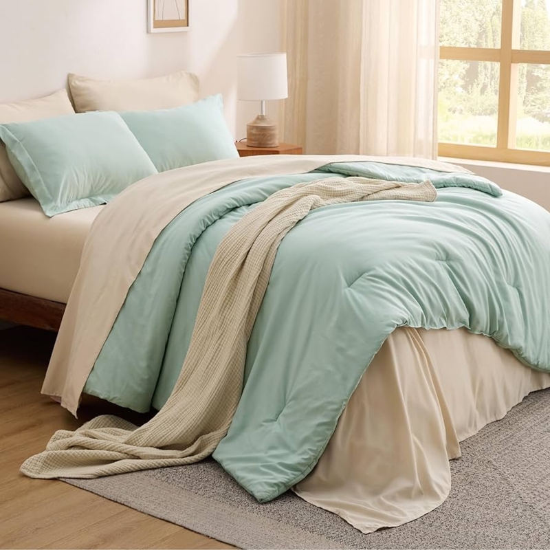 Sage Green Bed In A Bag with White Piping and Boho Texture