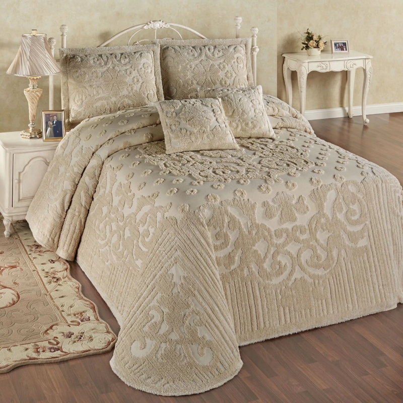 Sand Chenille Bedspread, Oversized Floor-Length, Scalloped Edges