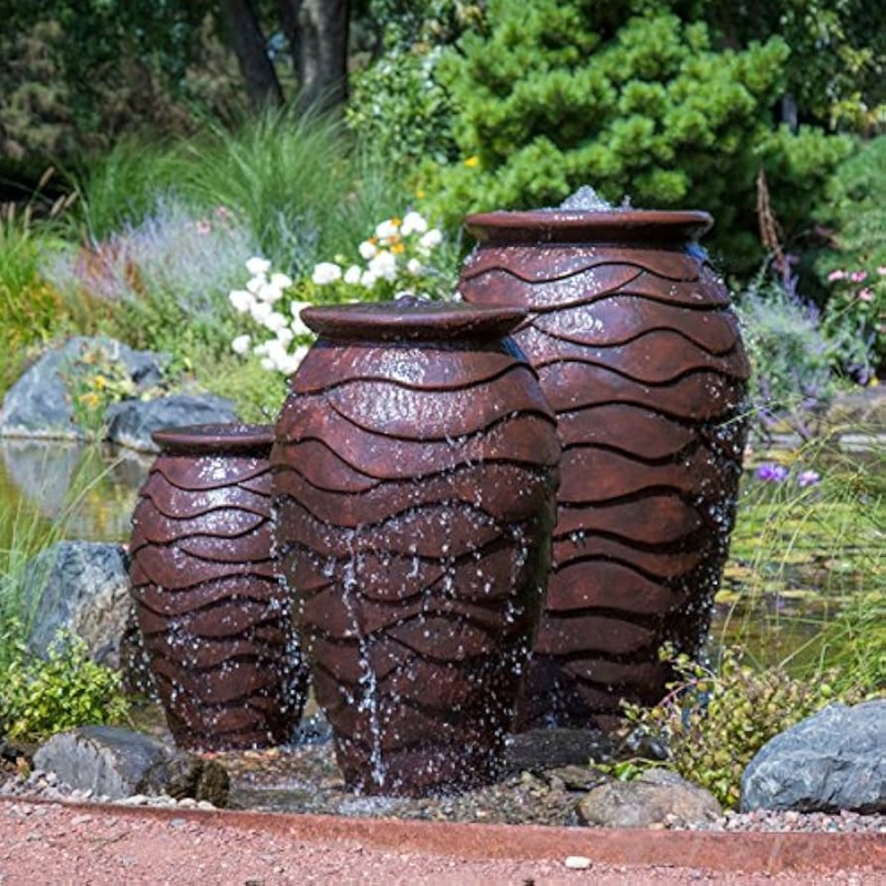 Scalloped Urn Water Fountain Trio, Earthen Garden Decor