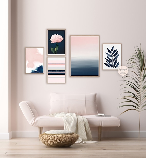 Scandinavian Pink and Navy Gallery Wall Set, 5 Coordinated Prints