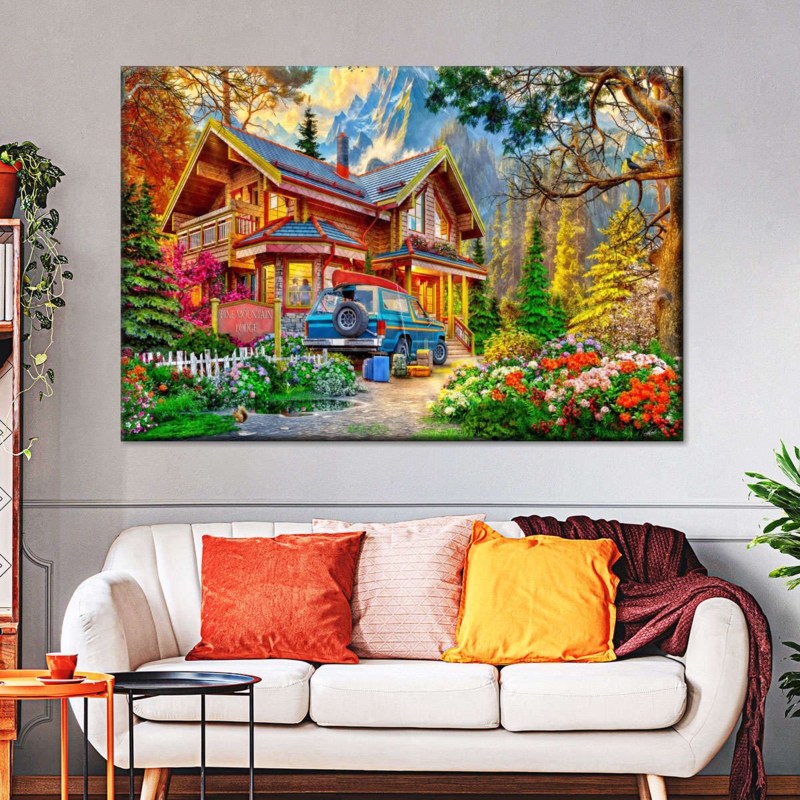 Scenic Landscape Wall Art: Oversized Canvas Vibrant Mountain Lodge