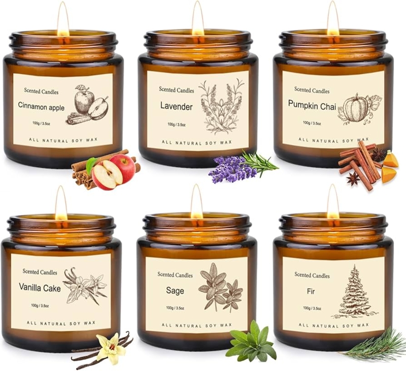 Scented Candle Set Amber Jars Botanical Labels Apothecary Style Deco