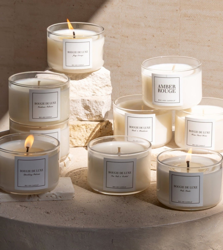 Scented Candle Trio On Stone Pedestals Clear Glass Minimalist Display