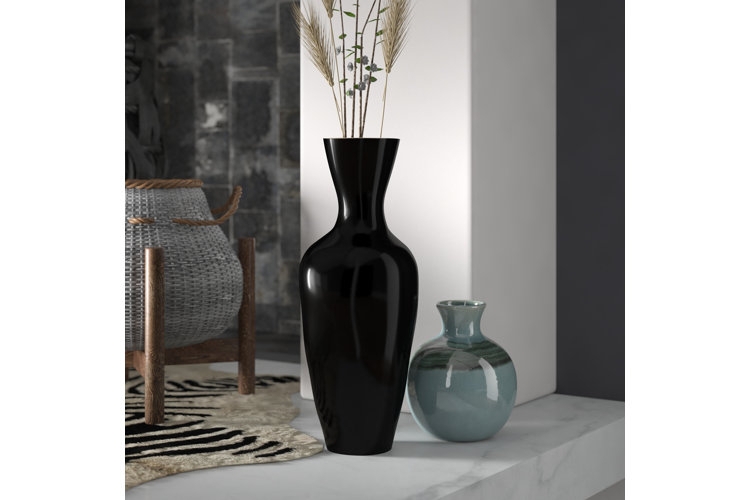 Sculptural Floor Vase: High Gloss Black Finish with Contrasting Shapes