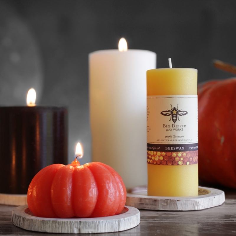 Sculptural Pumpkin and Beeswax Pillar Candles for Moody Autumnal Decor