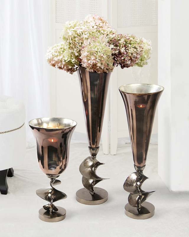 Sculptural Trumpet Vase, Warm Metallic Finish and Spiral Base Decor