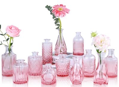 Set of 12 Pink Glass Bud Vases Assorted Textures Eclectic Style