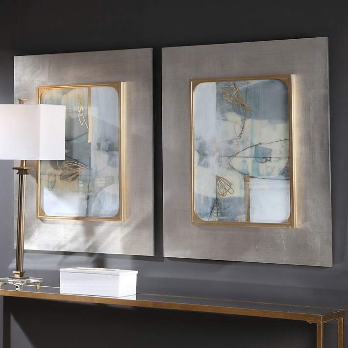 Set of 2 Abstract Wall Art, Metallic Mats, Double Frames