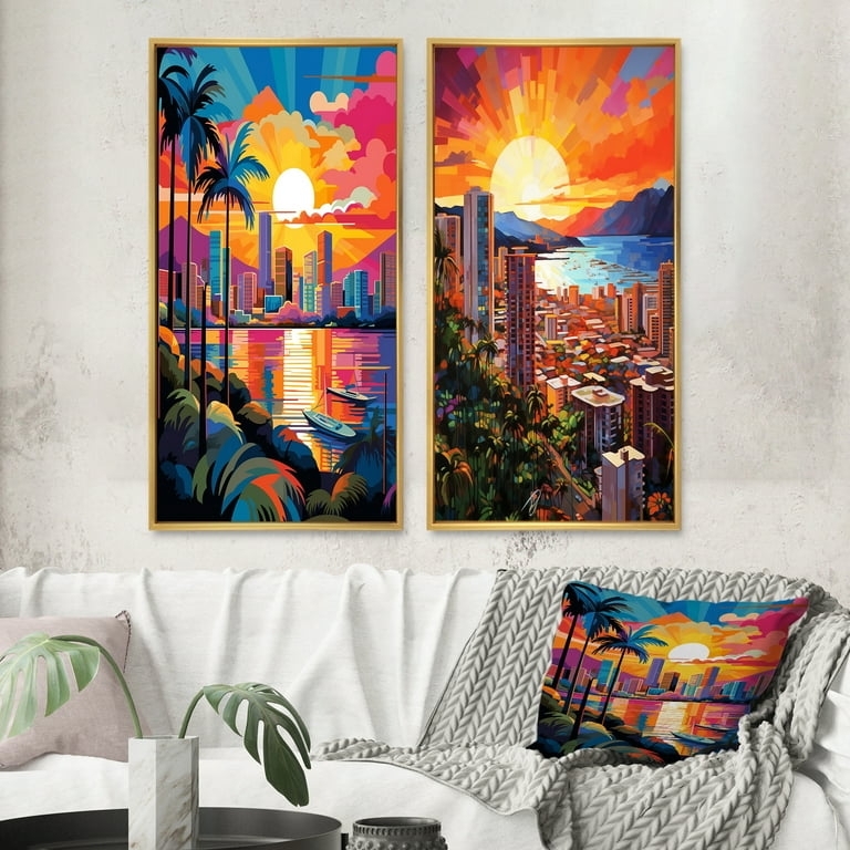 Set of 2 Framed Art: Maui pop art cityscape, thin gold frames, vibrant.
