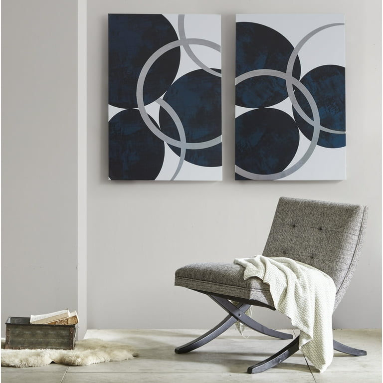 Set of 2 Modern Navy & Silver Wall Art, Celestial Foil Accents