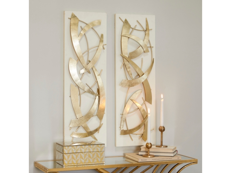 Set of 2 Vertical 3D Sculptural Wall Art, Antique Gold Arcs