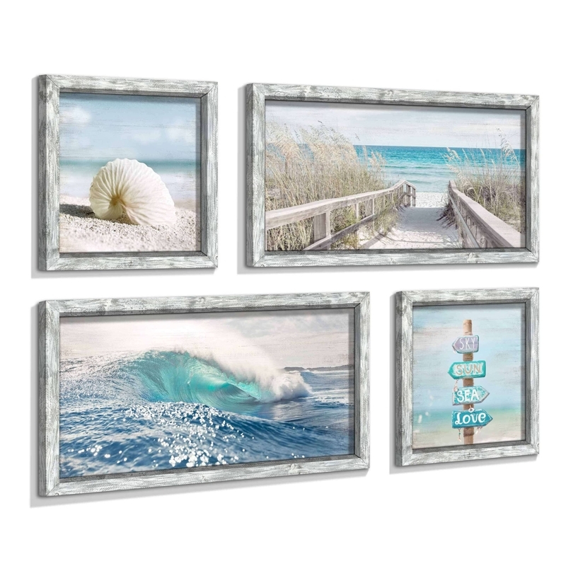 Set of 4 Coastal Wall Art Prints, Whitewashed Distressed Frames