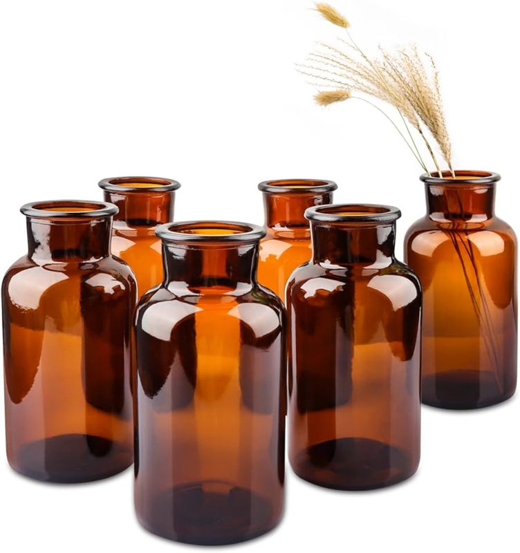 Set of 6 Amber Glass Bud Vases Apothecary Silhouette Glossy Decor
