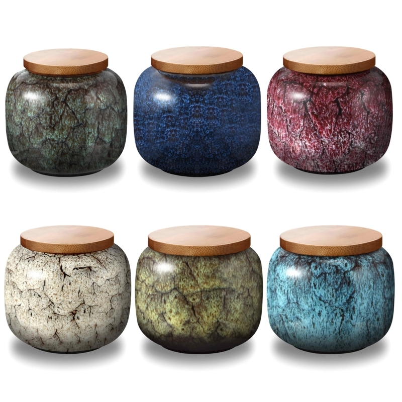 Set of 6 Decorative Jars Crackled Glaze Wood Lids Vintage Keepsake