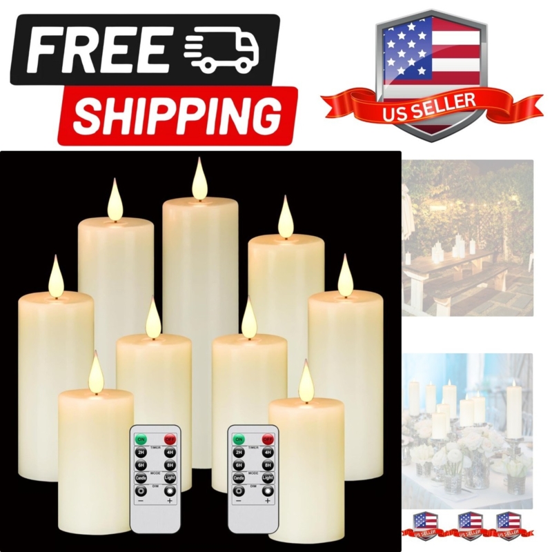 Set of 9 Flameless Pillar Candles, Ivory Indoor Outdoor with Remotes