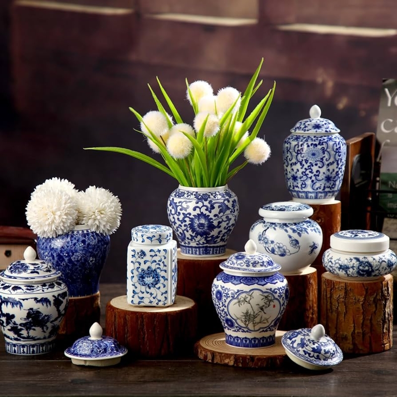 Set of Miniature Ginger Jars in blue and white chinoiserie ceramic.