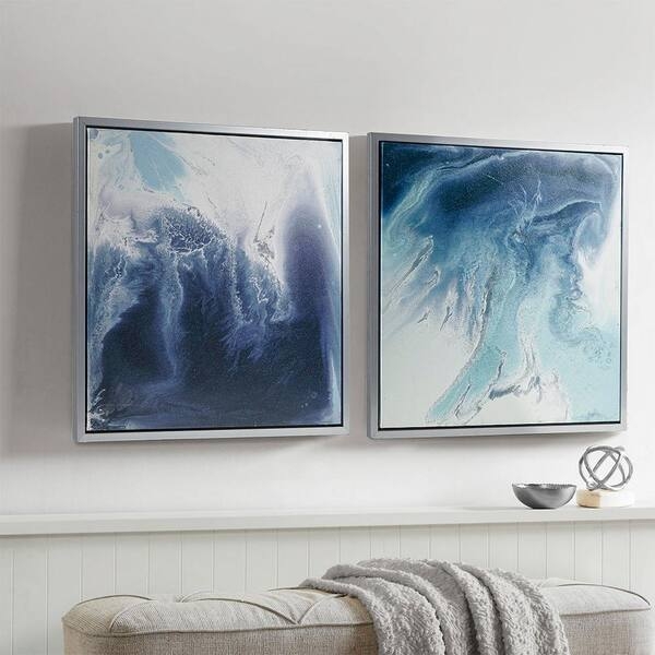 Set of Two Framed Prints with Fluid Marbled Pattern and Silver Frames