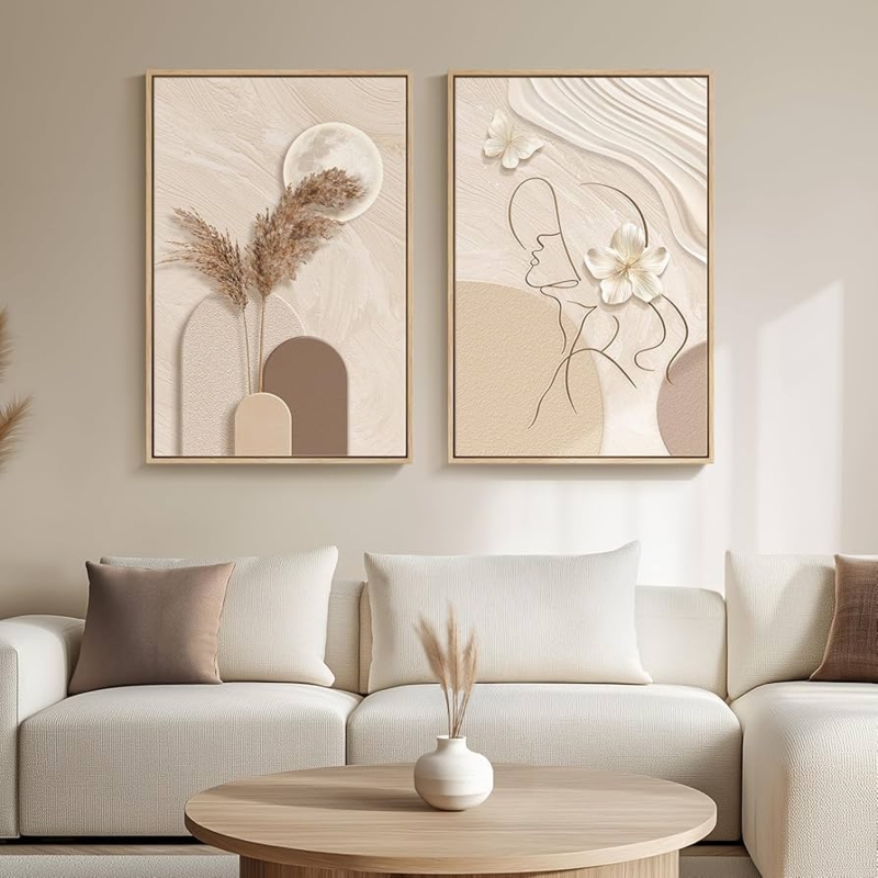 Set of Two Framed Prints Woman Silhouette Line Art Beige