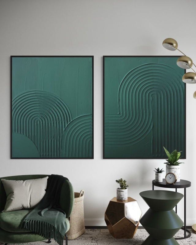 Set of Two Wall Art, Japandi Style, Heavy Texture Concentric Arches.