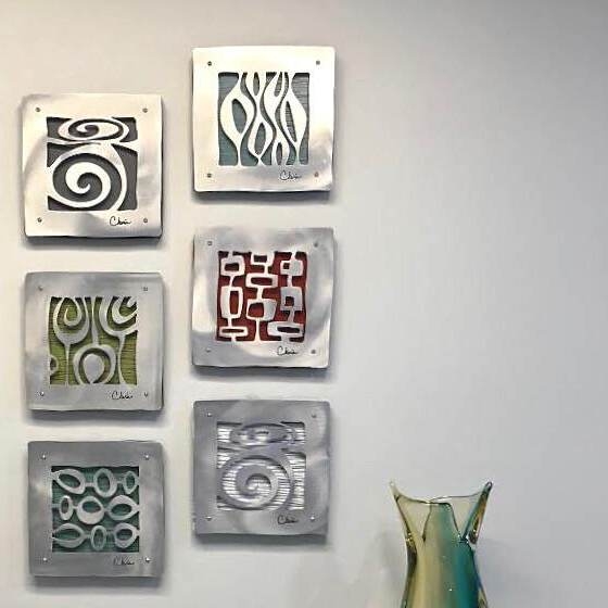 Set of Wall Art Tiles Brushed Metal Abstract Cutouts Exposed Rivets MCM