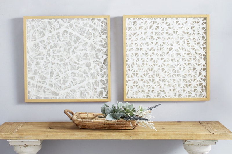 Shadow Box Wall Art Set White Paper Cutouts Light Wood Frame Organic