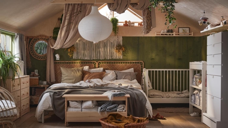 Shared Attic Bed and Crib with Green Wood Paneling
