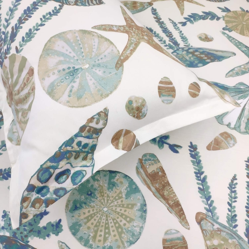 Sheet Set Coastal Seashell Print Deep Pocket Cotton Teal White Aqua