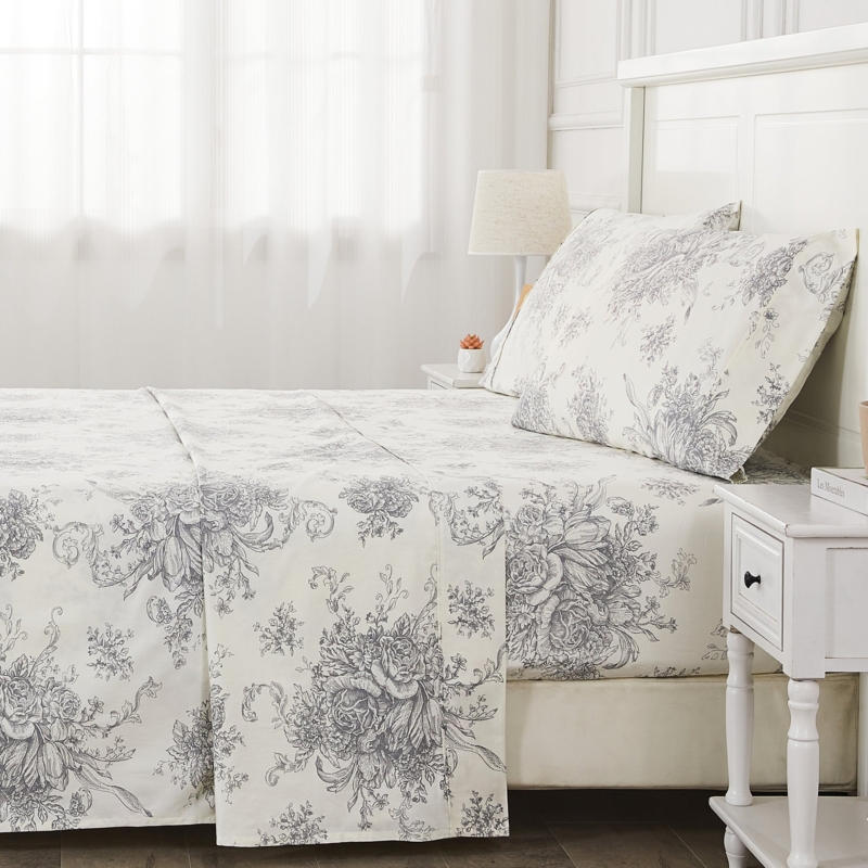 Sheet Set White Cotton Blue Toile Pastoral Print Classic French