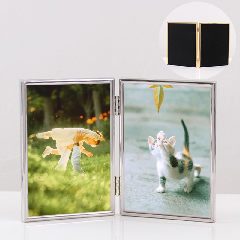 Silver Double Folding Picture Frame for Tabletop Display