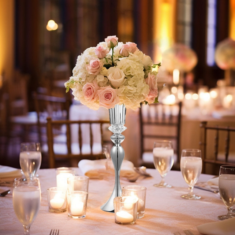 Silver Trumpet Vase, Polished Metal Finish with Faceted Crystal Detail