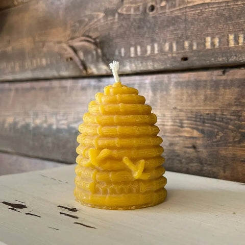 Skep Beehive Candle with Molded Bees, Coiled Texture, Artisan Decor