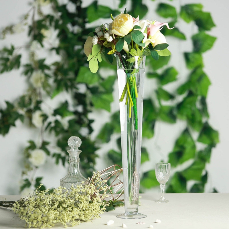 Slender Glass Trumpet Vase, Clear Heavy Duty Material with Flared Rim