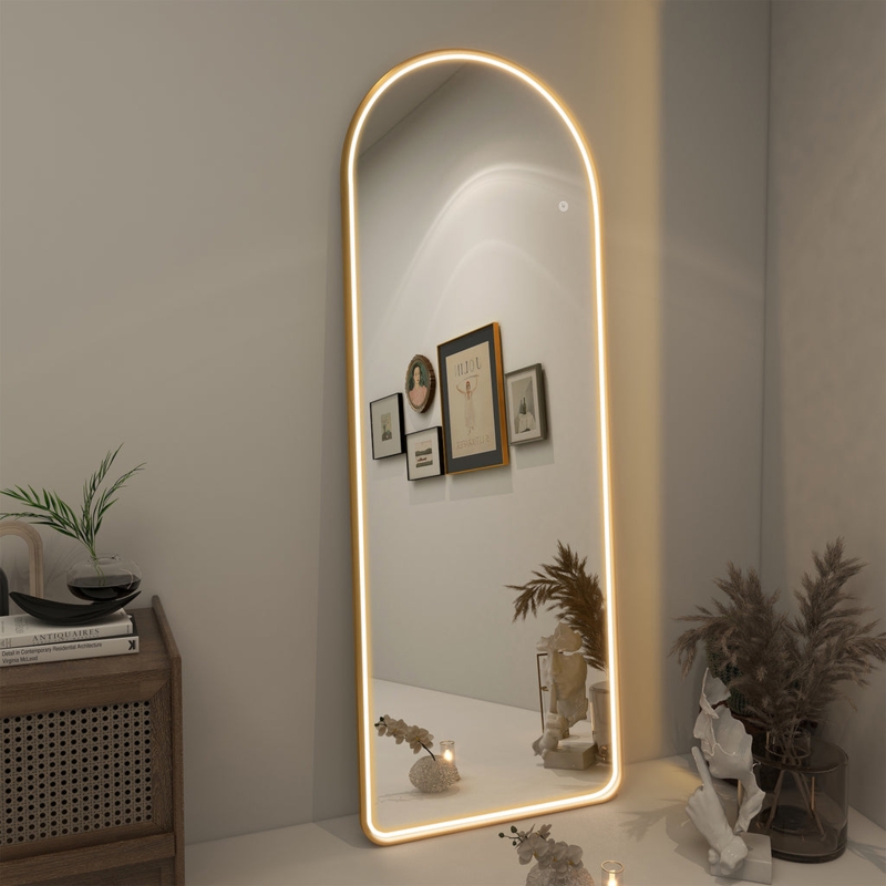 Slim Gold Arched Mirror, Full Length, LED Border