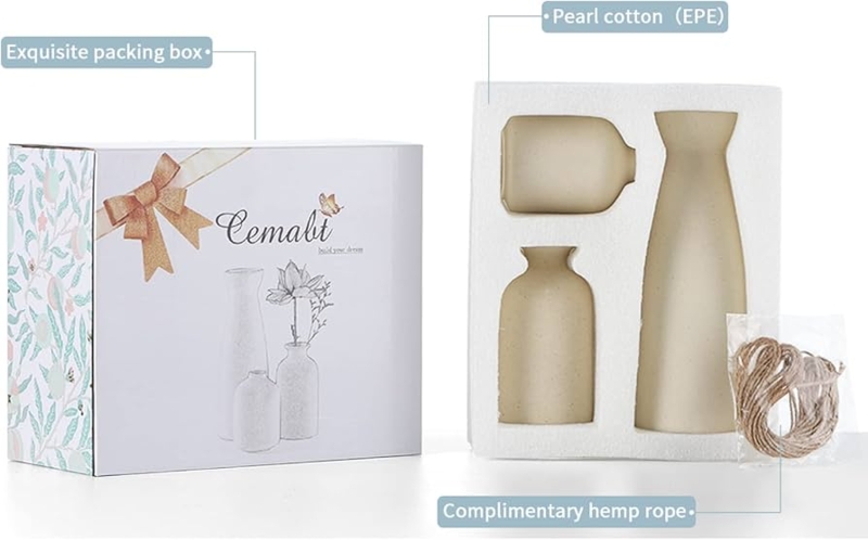 Small Boho Ceramic Vase Set with Matte Beige Distressed Finish
