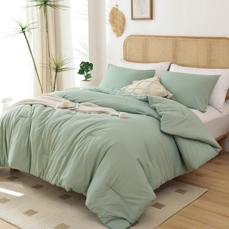 Soft Sage Green Microfiber Comforter Set with Crinkled Texture