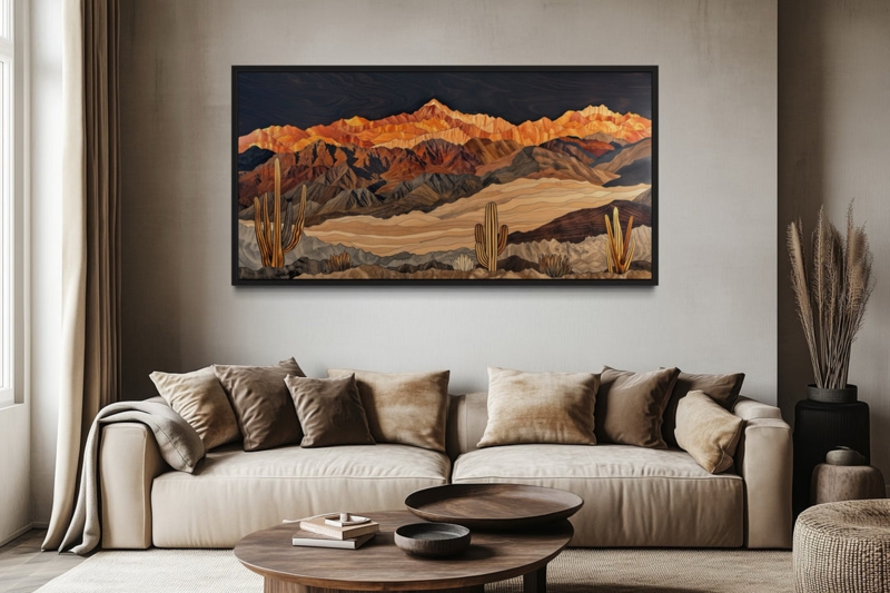 Southwestern Desert Wall Art Decor, Layered Wood Look Landscape Print