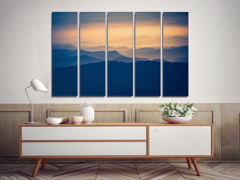Split Canvas Set Mountain Sunset Navy Gold Mid-Century Modern Decor