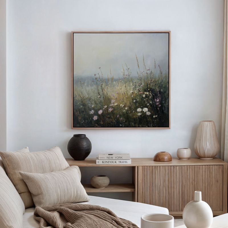 Square Botanical Wall Art Impressionistic Meadow Painting Japandi Style