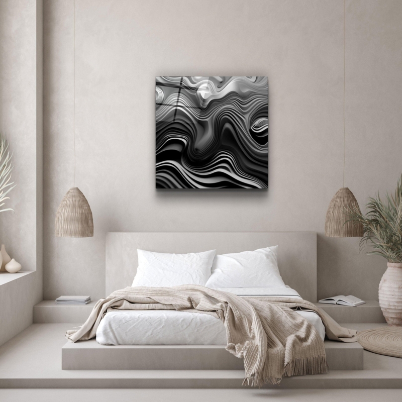 Square Glass Wall Art Glossy Finish Monochrome Swirls Modern