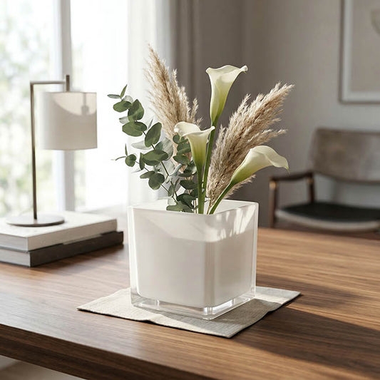 Square Vase Opaque White Glass Thick Weighted Base Minimalist