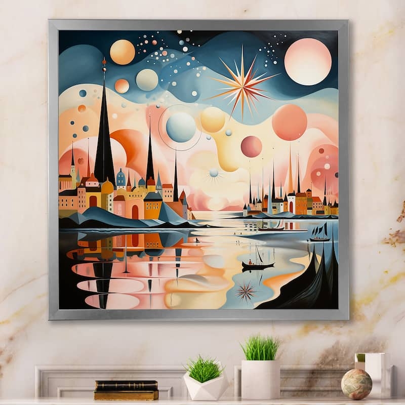 Square Wall Art: Abstract Retro Cityscape in Pastel Palette, Silver Frame