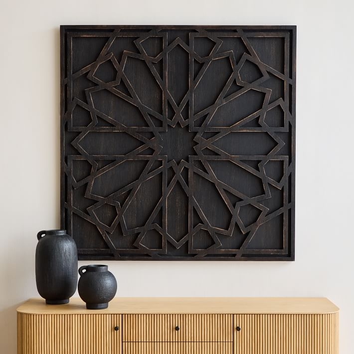 Square Wall Art Dark Wood Geometric Lattice Dimensional Relief Style