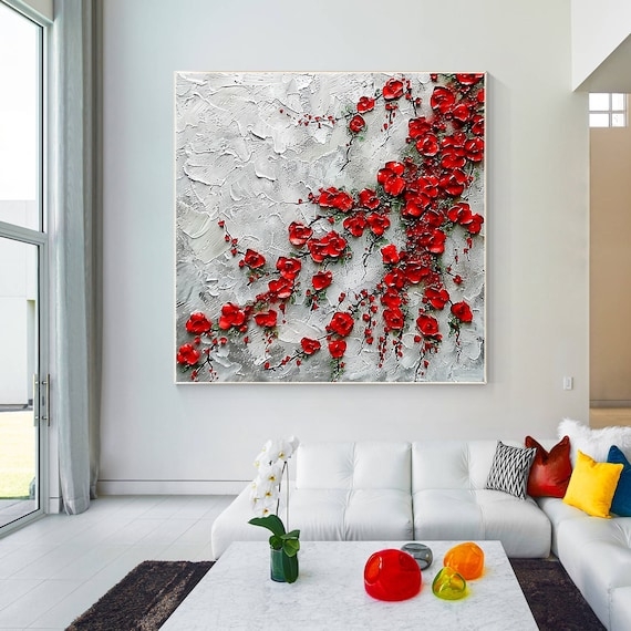 Square Wall Art Floral Motif Thick Impasto Texture Contemporary