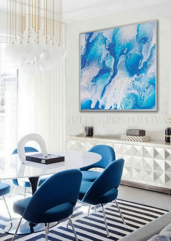 Square Wall Art Fluid Abstract Painting Cobalt Blue Coastal Decor