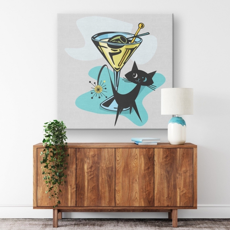 Square Wall Art: Retro Atomic Cat and Martini Cocktail Illustration Print