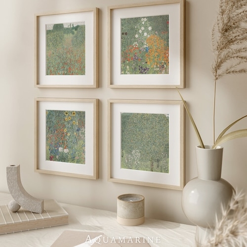 Square Wall Art Set Four Impressionist Garden Prints Wood Frames Earthy